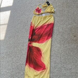 Fashion Nova Yellow Bikini Set with Pink-Red Floral Accent